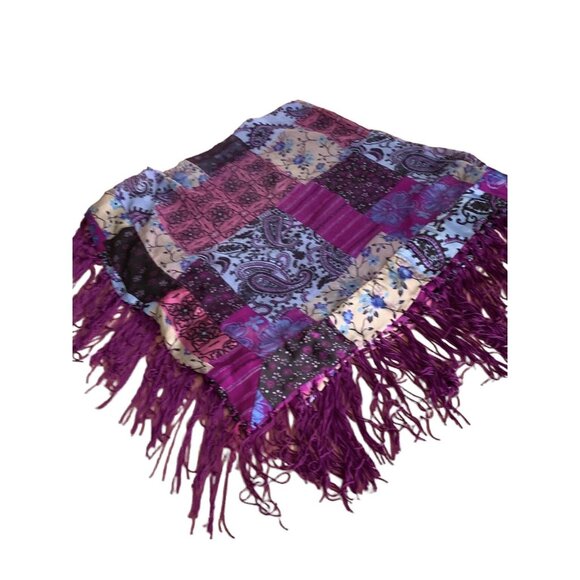 Vintage Elaine Gold for Collection XIIX Purple Patchwork Fringed Sheer Art Scarf - Picture 9 of 13